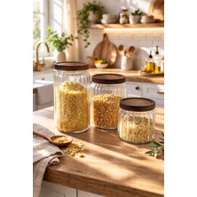 Feyza Design Şık 3'lü Cam Kavanoz Seti, Akasya Kapaklı, Dayanıklı ve Güzel Tasarım