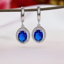 Tb Takı Boom Mavi Taşlı Sallantılı Kadın Küpe, Safir Taşlı Kadın Küpesi, Oval Gümüş Küpe, Rodyum Kaplama
