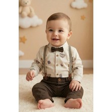 CATTAC Erkek Bebek ve Çocuk Kahve Araba Desenli Papyonlu ve Askılı 4'lü Takım (6-24 Ay)