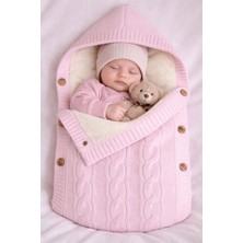 % 100 Organik Içi Polarlı Kapüşonlu Düğme Detaylı Triko Bebe Kundağı 75 x 40 cm