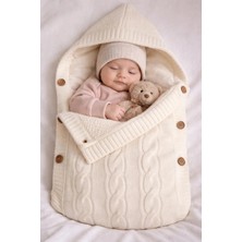 % 100 Organik Içi Polarlı Kapüşonlu Düğme Detaylı Triko Bebe Kundağı 75 x 40 cm