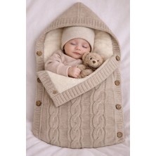 % 100 Organik Içi Polarlı Kapüşonlu Düğme Detaylı Triko Bebe Kundağı 75 x 40 cm