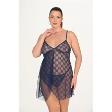 Aria's Closet Arias Closet Büyük Beden Lacivert Dantel Işlemeli Tül Gecelik