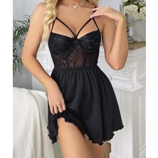 Aria's Closet Arias Closet Siyah Dantel Işlemeli Göğüs Ip Detaylı Fantezi Saten Gecelik