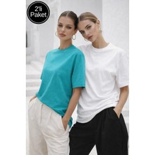 Rich Kadın Turkuaz-Beyaz 2'li Paket Premium Modal Kumaş Oversize Tişört