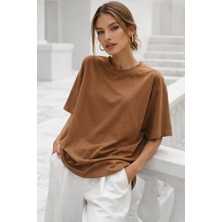 Rich Kadın Kahverengi Premium Modal Kumaş Oversize T-Shirt