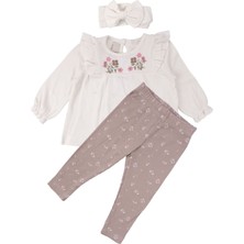 by BebekOdam Kız Bebek Ekru Bej Çiçek Nakışlı Bandanalı Üçlü Takım - 1016445
