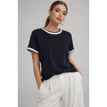 Rich Kadın Lacivert Bisiklet Triko Yaka Kısa Kollu Basic T-Shirt