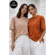 Rich Kadın Vizon-Kiremit 2'li Paket Premium Modal Kumaş Oversize Tişört