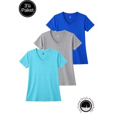 Rich Kadın Saks-Turkuaz-Gri Melanj 3'lü Paket Yırtmaçlı Viskon V Yaka  T-Shirt