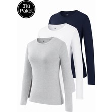 Rich Kadın Gri Melanj-Beyaz-Lacivert 3'lü Paket Bisiklet Yaka Uzun Kollu Body