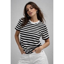 Rich Kadın Siyah Çizgili Yumuşak Dokulu Pamuklu Basic T-Shirt