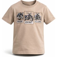 Eqru Erkek Çocuk Bej Motor Baskılı %100 Pamuklu Tişört - Normal Kalıp Urban Style