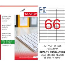 Tanex TW-4066 70X12 mm Inkjet / Laser A4 Etiket Yetkili Satıcı (25 Adet)