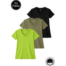 Rich Kadın Siyah-Haki-Yeşil 3'lü Paket Yırtmaçlı Viskon V Yaka  T-Shirt