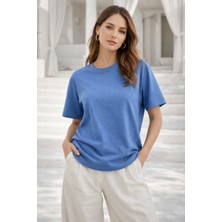 Rich Kadın Mavi Yumuşak Dokulu Interlok Bisiklet Yaka Basic T-Shirt