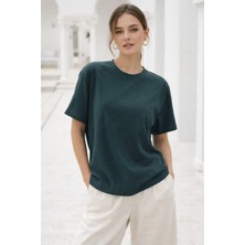 Rich Kadın Haki Yumuşak Dokulu Interlok Bisiklet Yaka Basic T-Shirt
