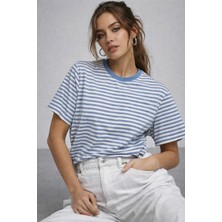 Rich Kadın Mavi Çizgili Yumuşak Dokulu Pamuklu Basic T-Shirt