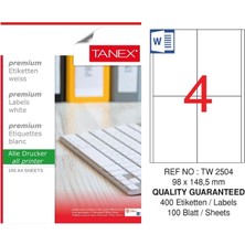 Tanex TW-2504 98X148,5 mm Inkjet / Laser A4 Etiket Yetkili Satıcı (100 Adet)