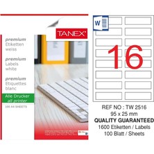 Tanex TW-2516 95X25 mm Inkjet / Laser A4 Etiket Yetkili Satıcı (100 Adet)