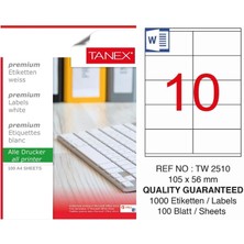 Tanex TW-2510 105X56 mm Inkjet / Laser A4 Etiket Yetkili Satıcı (100 Adet)