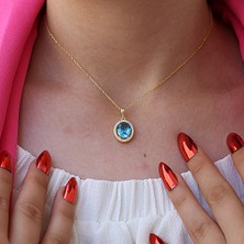 TB Takı Boom Mavi Taşlı Kadın Kolye, Akuamarin Taşlı Oval Kolye, Gümüş Gold Kaplama