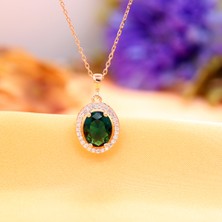 TB Takı Boom, Zümrüt Yeşili Kadın Kolye, Yeşil Taşlı Oval Kolye, 925 Ayar Gümüş Rose Gold Kaplama