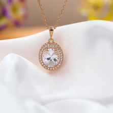 Tb Takı Boom, Zirkon Taşlı Kadın Kolye, Beyaz Taşlı Oval Kolye, 925 Ayar Gümüş Rose Gold Kaplama