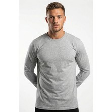 Defy's Erkek Organik Pamuklu Yuvarlak Yaka Regular Fit Gri Melanj Basic Uzun Kollu Tişört