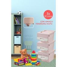 Feyza Design Çok Amaçlı Tekerlekli Saklama Kutusu, Pembe, 3'lü, 12L