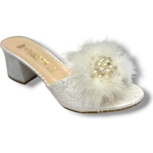 Whipper 9802-26 Nakışlı Incili Taşlı Kalın Topuk Tüylü Kadın Terlik