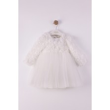 Kidello Rosalia Ekru 3 Boyutlu Güllü Kız Bebek Doğum Günü Parti Elbisesi Uzun Kol Aylık