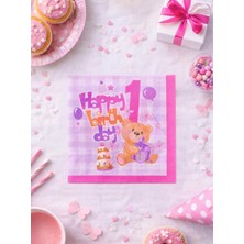Parti Adresi 1 Yaş Peçete Happy Birthday Yazılı Kız Çocuk Peçete Pembe