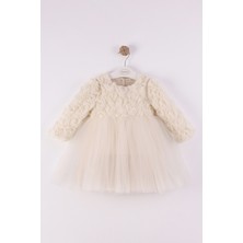 Kidello Rosalia Bej 3 Boyutlu Güllü Kız Bebek Doğum Günü Parti Elbisesi Uzun Kol Aylık