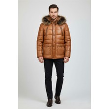 Deriderim Taba Kürklü Kapüşon Tasarım Düğme ve Fermuar Kapamalı Şişme Kapitone Hakiki Deri Kaban