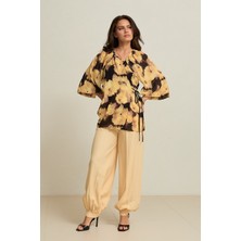 Setre Siyah-Sarı Desenli Bağlama Detaylı Uzun Kollu Rahat Kesim Bluz