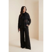 Setre Siyah %100 Keten Drape Detaylı Kumaş Detaylı Uzun Kollu Rahat Kesim Gömlek