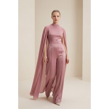 Setre Gül Kurusu Kolsuz Pelerin Detaylı Belden Oturtmalı Dikiş Detaylı Tulum