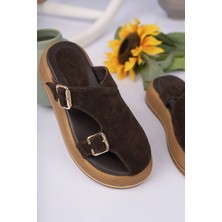 Sy Leather Amy Model Hakiki Deri Kalın Taban Yan Açık Dekolteli Çift Tokalı Kadın Terlik