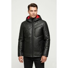 Deriderim Nova Siyah Kapüşonlu Erkek Hakiki Deri Şişme Mont