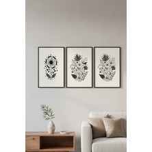 Safir Design Botanik Çiçekler Temalı Siyah Beyaz Dekoratif 3'lü Çerçeveli Tablo Seti