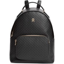 Tommy Hilfiger Kadın Monogram Logo Desenli Ayarlanabilir Askılı Fermuarlı Ön Cepli Siyah Sırt Çantası AW0AW18852-BDS