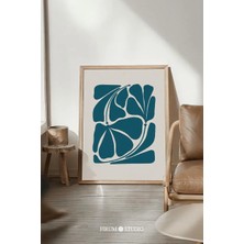 Ninastore Soyut Çiçekli Baskılı Duvar Sanatı – Bakır Mavisi Organik Şekiller/ Patina Mavisi Modern Botanik San