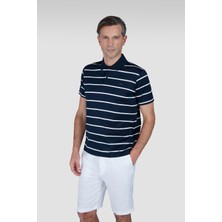 Paul & Shark Erkek Regular Fit Çizgili Metalik Logolu %100 Pamuklu Kısa Kollu Beyaz-Lacivert Polo Yaka T-Shirt 25411233-245