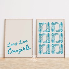 Ninastore Kıyı Kovboy Kızı Baskı Seti / Mavi "yaşasın Kovboy Kızları" Baskılı Duvar Sanatı / Retro Batı Esteti