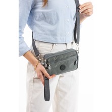 Nemo Group Gri Unisex Cüzdan, 4 Gözlü, Telefonluk, Crinkle Kumaş, Çapraz Askılı Omuz Çantası, 20X12CM