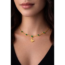 No Name Gold Renk Parlak Yeşil Kalp Taşlı Kelebek Figürlü Çelik Kolye