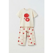 Magu Unisex Çocuk Pamuklu Krem Domates Baskılı T-Shirt Pantolon Takım - Yazlık