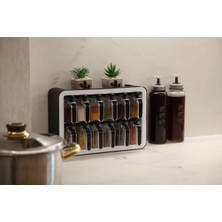 Feyza Design Şık 12'li Standlı Baharatlık Takımı, Siyah-Beyaz Tezgah Üstü Çerçeveli
