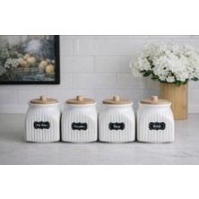 Feyza Design Dörtlü Bambu Kapaklı Porselen Baharat Saklama Kavanoz Seti